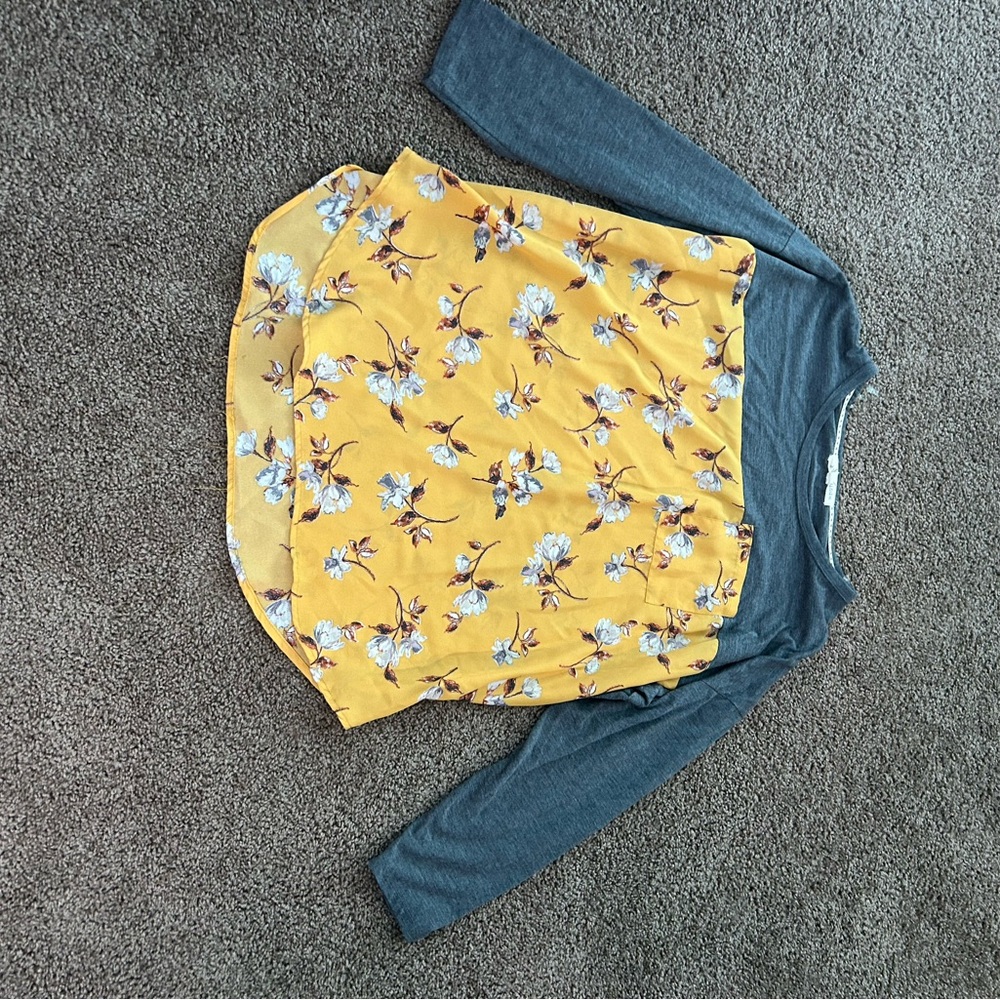 Floral Yellow and Gray Long Sleeve Top
